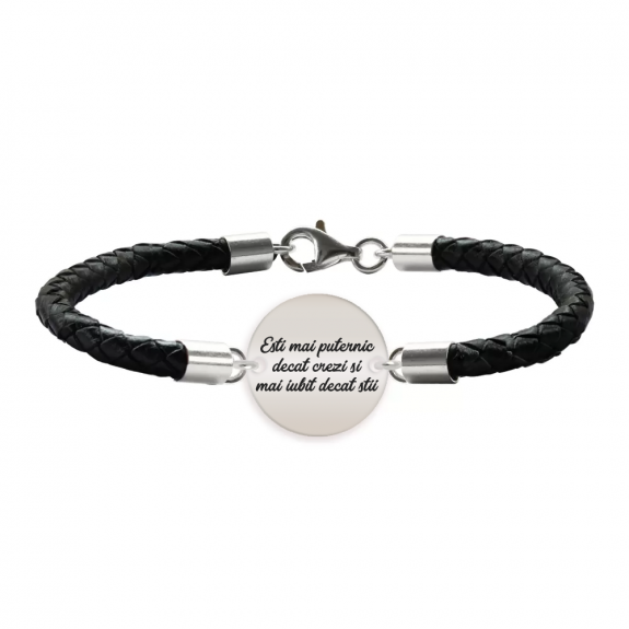 Bratara argint banut 16 mm si piele impletita - personalizata cu text Bratara argint banut 16 mm si piele impletita - personalizata cu text